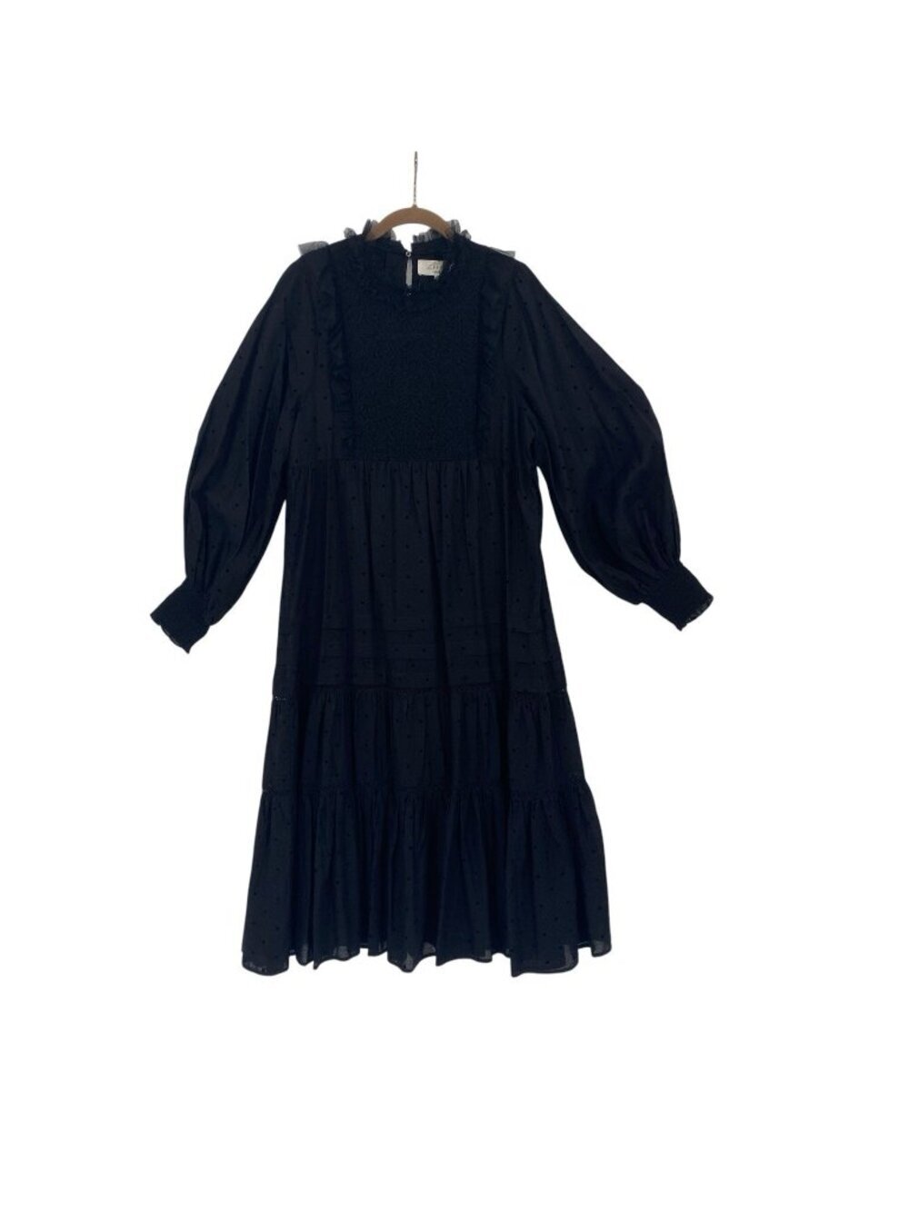 The Great Womens Size 3 Black Cotton Dot Print Tulle Smocked Midi Dress Witchy